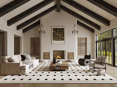 Bright Spacious High Ceiling Living Room With Warm Fireplace And Exposed Dark Wood Beams 3d model