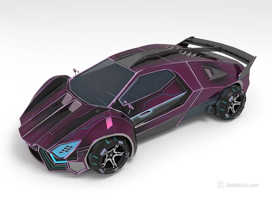 Futuristic Purple Supercar With Geometric Design Rear Spoiler Large Wheels And Blue Accent Lights 3d model 