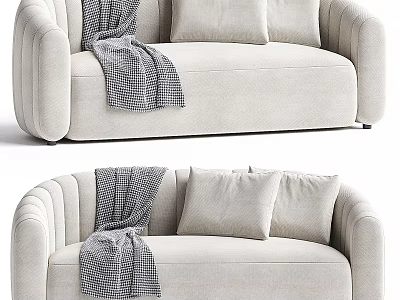 Modern Beige Multi-seat Sofa With Soft Pillows And Black White Checkered Blanket 3d model