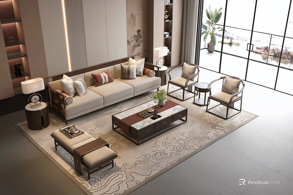 Modern Sofa and Coffee Table Set with Decorative Pillows Armchairs Side Tables and Ornate Rug 3d model 