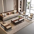 Modern Sofa and Coffee Table Set with Decorative Pillows Armchairs Side Tables and Ornate Rug