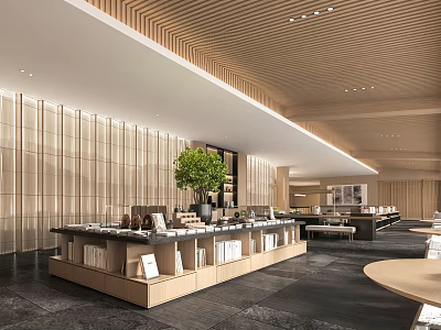 Modern Spacious Interior With Wooden Open Bookcase And Large Green Plant Ceiling Lights 3d model