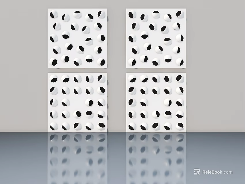 Four White Hinged Doors With Black Oval Holes Arranged In Decorative Pattern 3d model