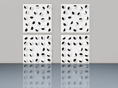Four White Hinged Doors With Black Oval Holes Arranged In Decorative Pattern 3d model