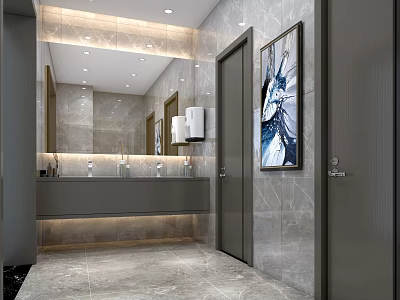 Modern Public Restroom Interior Featuring Marble Walls Large Mirror Washbasin And Artwork 3d model
