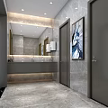 Modern Public Restroom Interior Featuring Marble Walls Large Mirror Washbasin And Artwork