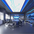 Hi Tech Conference Room Interior With Large Digital Screens Blue Lighting And Metallic Chairs