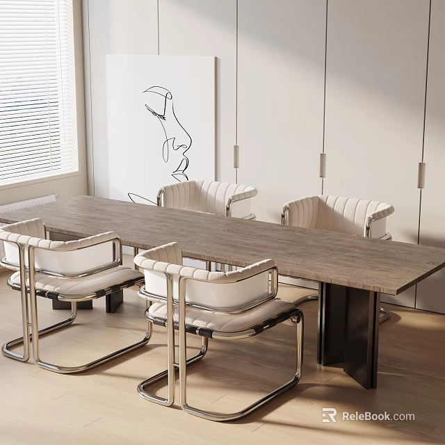 Modern Dining Table Set With Wooden Top And White Upholstered Metal Frame Chairs 3d model 