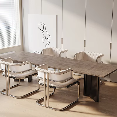 Modern Dining Table Set With Wooden Top And White Upholstered Metal Frame Chairs 3d model