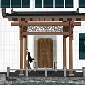 Traditional Chinese Portico Design With Curved Roof Wooden Columns Carved Lattice And Wooden Door