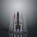 Space Rocket Model With Launch Towers On Reflective Gray Ground 3d model
