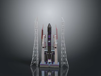 Space Rocket Model With Launch Towers On Reflective Gray Ground 3d model