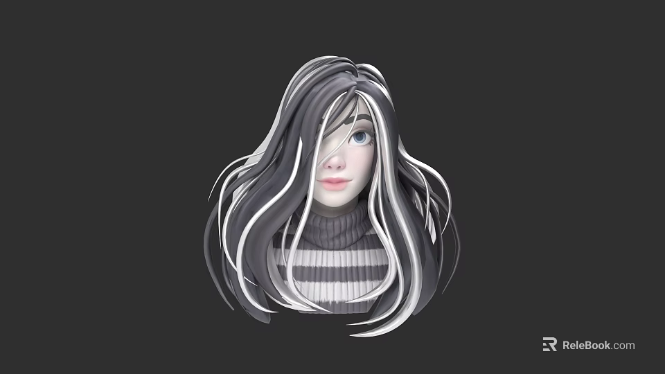Woman with long gray and white striped hair in striped turtleneck against dark background 3d model 