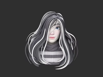 Woman with long gray and white striped hair in striped turtleneck against dark background 3d model