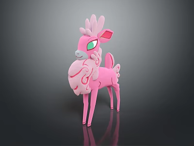 Pink Deer Game Character With Floral Horns Green Eyes And Swirl Patterns 3d model
