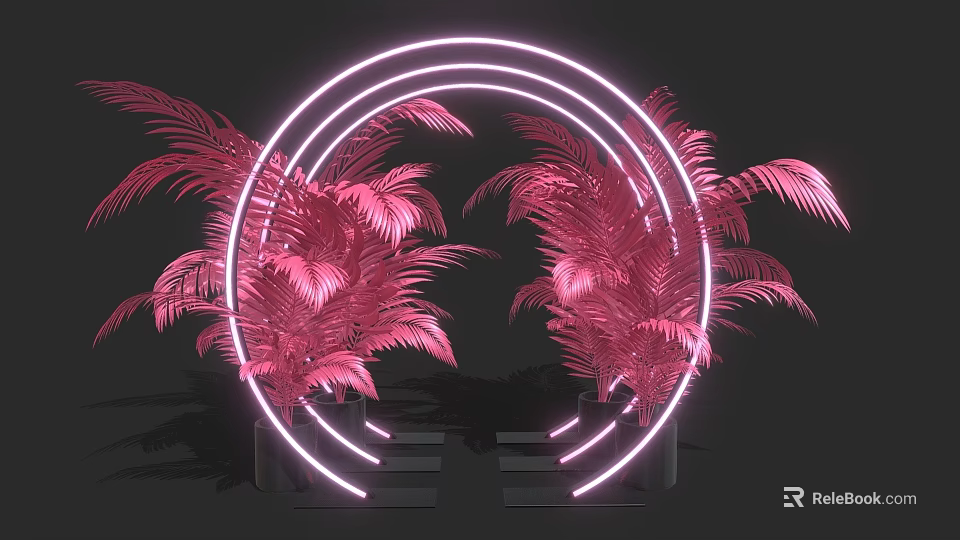Instagrammable Photo Spot With Pink Palm Leaves Neon Ring And Steps 3d model 