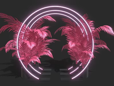 Instagrammable Photo Spot With Pink Palm Leaves Neon Ring And Steps 3d model
