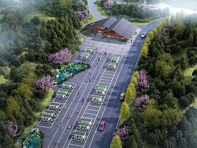 Scenic Visitor Center Building With Large Parking Lot And Surrounding Forest Trees 3d model