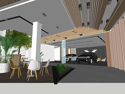Modern 4S Car Dealership Showroom With Display Cars Comfortable Seating And Indoor Plants 3d model