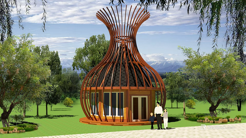 Unique Vase Shaped Wooden House With Wooden Structure Green Trees And People Outside 3d model 
