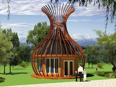 Unique Vase Shaped Wooden House With Wooden Structure Green Trees And People Outside 3d model