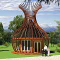 Unique Vase Shaped Wooden House With Wooden Structure Green Trees And People Outside