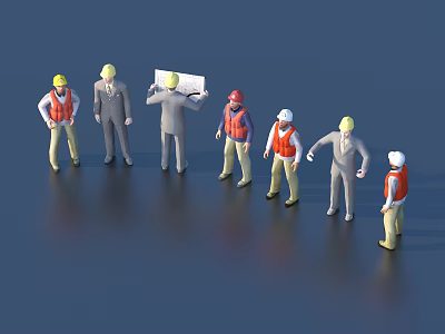 Group of Workers and Professionals Discussing Project With Blueprint Wearing Hard Hats at Work Site 3d model
