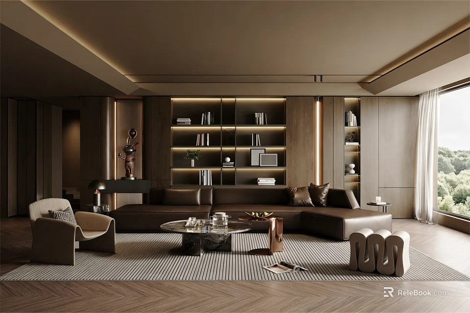 Warm Dark Tone Luxury Living Room Interior Design With Leather Sectional Sofa And Illuminated Bookshelves 3d model 