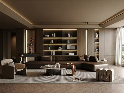 Warm Dark Tone Luxury Living Room Interior Design With Leather Sectional Sofa And Illuminated Bookshelves 3d model