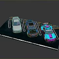 Three Different Colored Cars Parked In A Modern Parking Lot With Lines