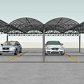 Parking Lot Carport with Metal Frame Transparent Roof and Cars Under Yellow Parking Lines