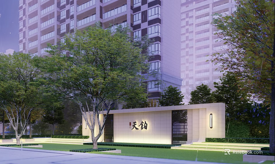 Modern Scenic Wall Of Tianjun Project With Trees Lawn And High Rise Buildings 3d model 