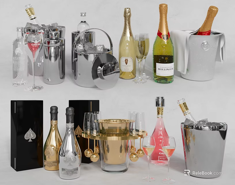 Elegant Wine Bottles And Glasses With Silver Gold Ice Buckets And Stylish Bar Accessories 3d model 