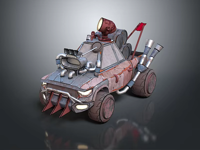 Rustic Decorated Car With Front Spikes Searchlight Red Flag And Exhaust Pipes 3d model