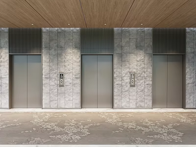 Elevator Lobby With Three Silver Doors Gray Stone Walls Wooden Ceiling And Patterned Carpet 3d model