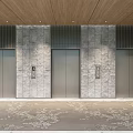 Elevator Lobby With Three Silver Doors Gray Stone Walls Wooden Ceiling And Patterned Carpet 3d model