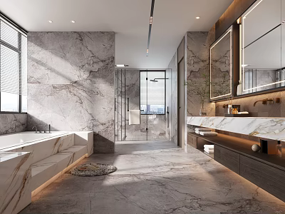 Modern Bathroom Interior Design With Marble Walls Floors Bathtub And Double Vanity 3d model
