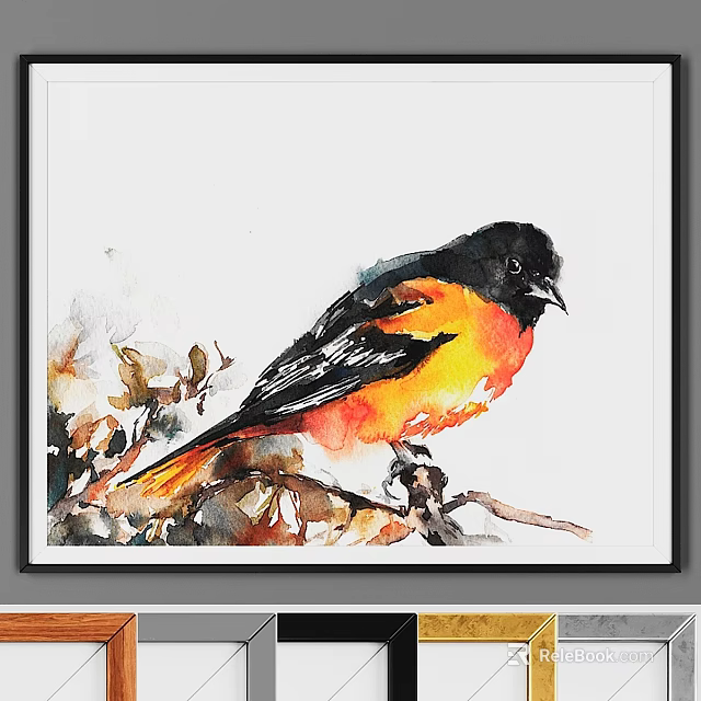 Decorative Wall Frame Featuring Watercolor Bird Painting with Black Orange Yellow Feathers on Branch 3d model 
