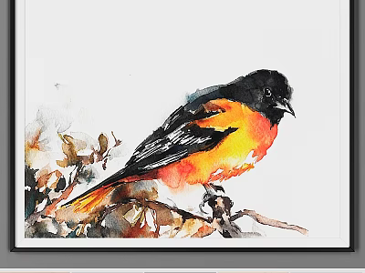 Decorative Wall Frame Featuring Watercolor Bird Painting with Black Orange Yellow Feathers on Branch 3d model
