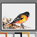 Decorative Wall Frame Featuring Watercolor Bird Painting with Black Orange Yellow Feathers on Branch