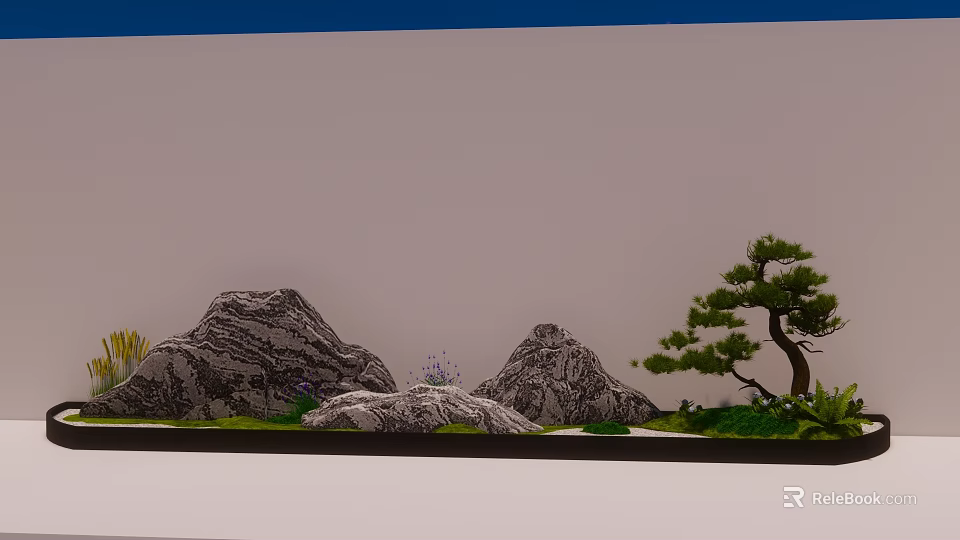 Karesansui Japanese Rock Garden with Rocks Pine Tree and Small Plants in Minimalist Landscape Design 3d model 