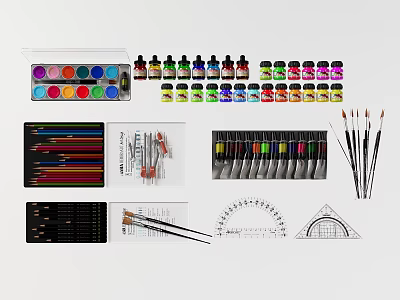Vibrant Colored Art Supplies Set With Paints Brushes Pencils Palette And Drawing Rulers 3d model