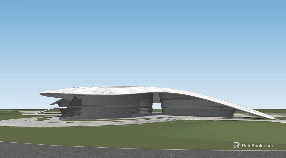 Modern Large Building Exterior Featuring Unique Shaped Roof And Sleek Structure Design 3d model