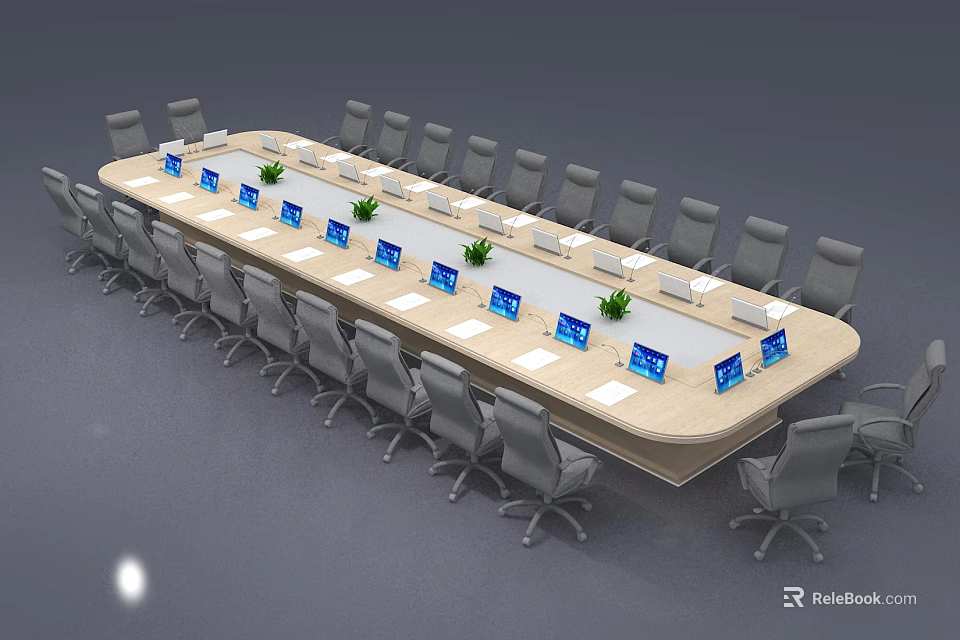 Modern Office Conference Table With Ergonomic Chairs And Laptops On Surface 3d model 