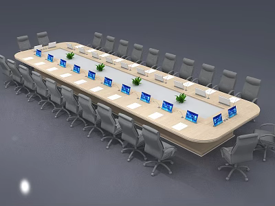 Modern Office Conference Table With Ergonomic Chairs And Laptops On Surface 3d model