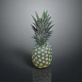 Fresh Ripe Pineapple Featuring Green Leaf Crown and Textured Skin on Dark Reflective Surface