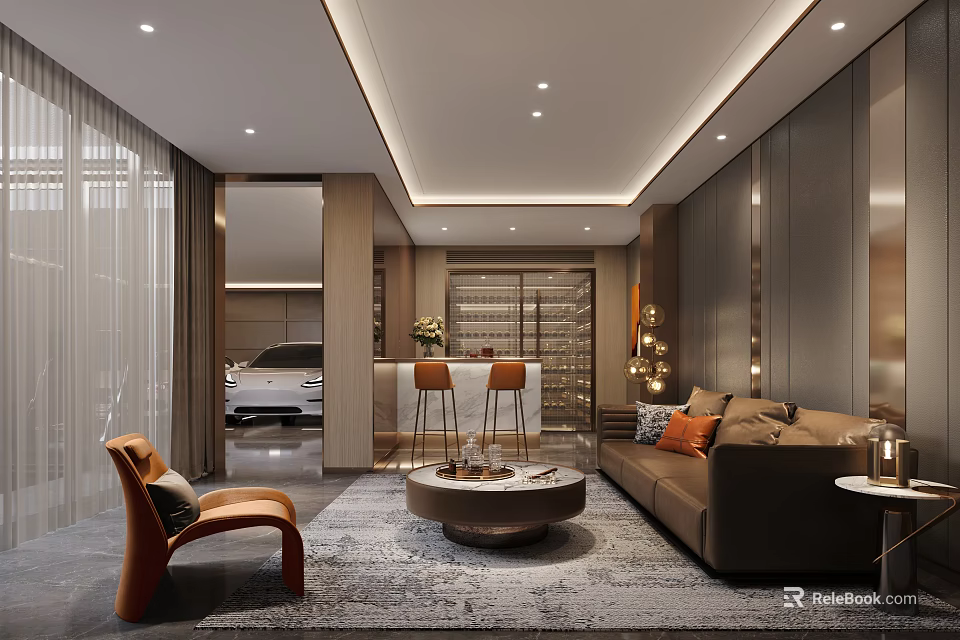 Modern Luxury Leisure Room Interior Design With Sofa Coffee Table Accent Chair And Floor-to-Ceiling Windows 3d model 