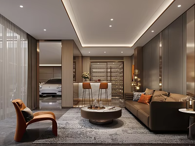 Modern Luxury Leisure Room Interior Design With Sofa Coffee Table Accent Chair And Floor-to-Ceiling Windows 3d model