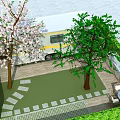 Scenic Outdoor Caravan Area With Cherry Blossom Trees Dining Table Paved Patio And Green Grass
