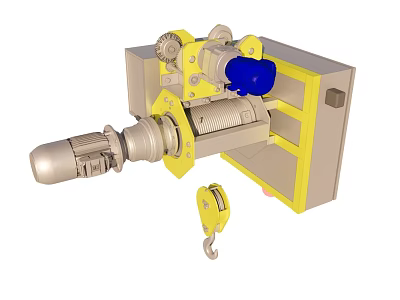 Industrial Lifting Hoist Equipment With Yellow Frame Blue Motor Silver Drum And Lifting Hook 3d model